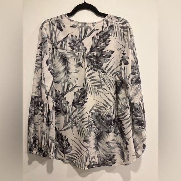 Badgley Mischka Printed Chiffon Balloon Sleeve Blouse Grey & White Tropical โ L - Picture 4 of 7